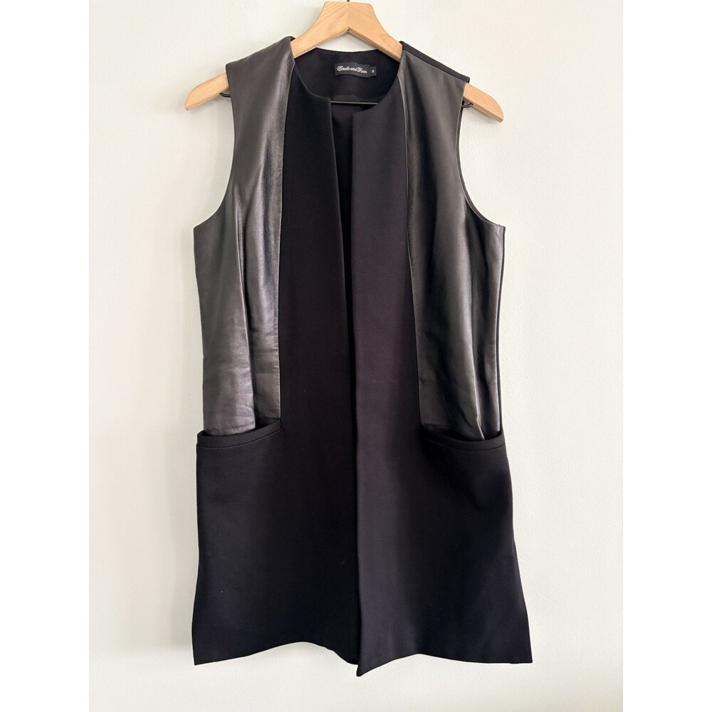 Estelle and Finn Long Open Duster Vest Sleeveless Leather Front Womens 8 Pockets